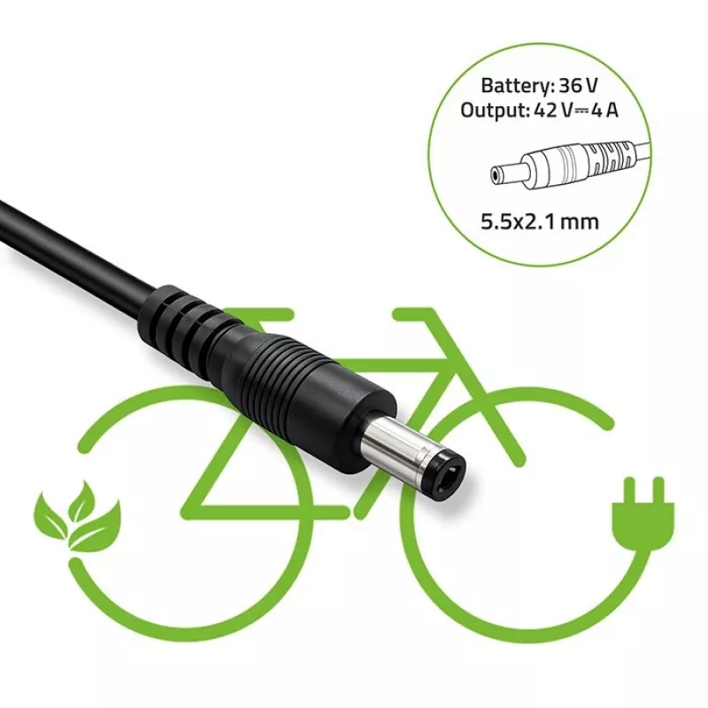 Carregador QOLTEC 36V–42V 4A para bicicleta elétrica, ficha DC 5,5×2,1 mm
