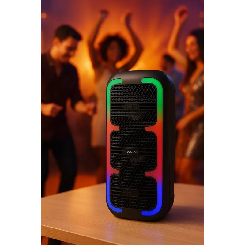 Altifalante estéreo portátil SQUEAK SQ1009 – Bluetooth 5.3, 45 W RMS, 10 h de autonomia, FM, USB, AUX, LED, 1800 mAh, preto