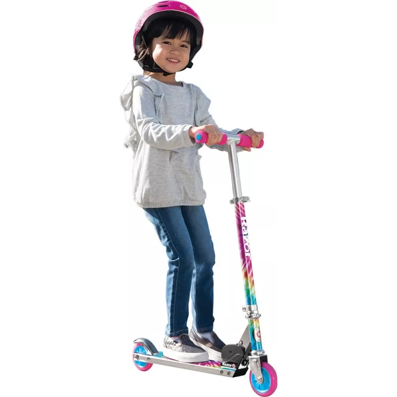 Trotinete infantil Razor A Tie-Dye — trotinete dobrável de alumínio com 2 rodas, guiador ajustável, ABEC-5, carga máx. 65 kg