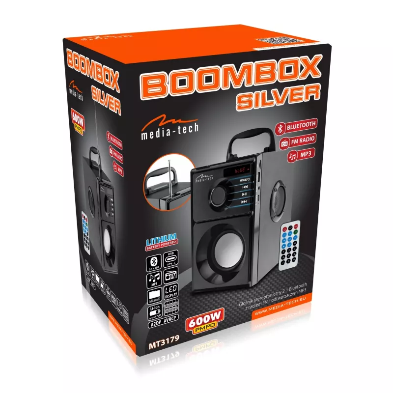 Altifalante portátil MEDIA-TECH MT3179, 20 W (RMS 15 W), Bluetooth 5.1, FM, MicroSD, USB, AUX, Li-Ion, 6 h, caixa de madeira
