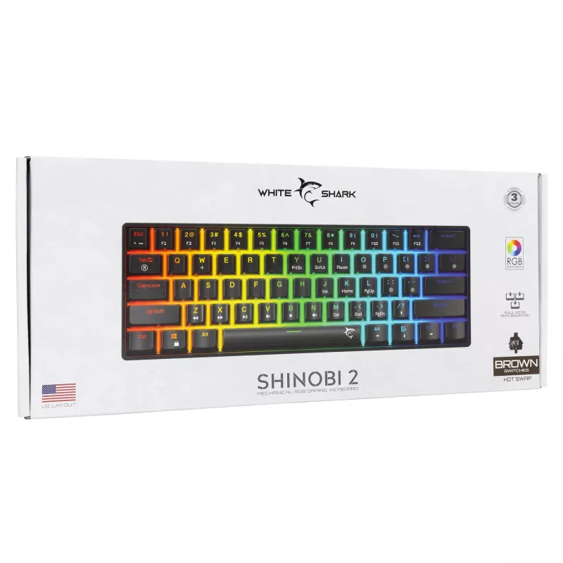 Teclado mecânico White Shark Shinobi-2 preto layout US com switches castanhos