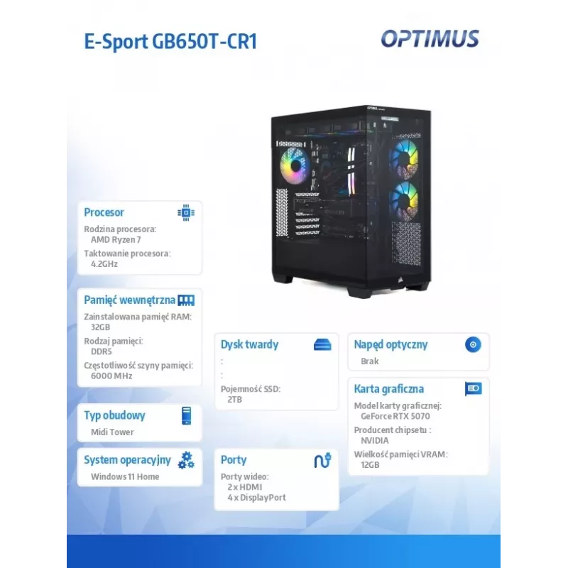 Computador E-Sport GB650T-CR1 Ryzen 7 7800X3D/32GB/2TB/RTX 5070 OC 12GB/WIN
