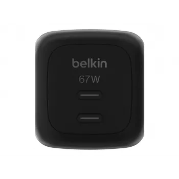 Carregador rápido AC de interior Belkin WCH020kqBK, 2× USB-C, compatibilidade universal, proteção de corrente, preto