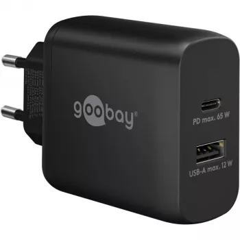 Carregador duplo rápido USB-C, PD, GaN, 65 Watt (preto, 1x USB-C, 1x USB-A, Power Delivery)