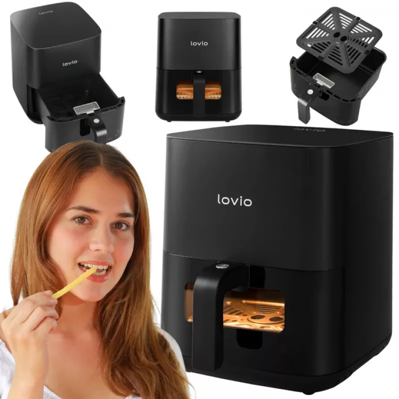 Fritadeira de ar quente Lovio LVAF001BK 5 l preta — fritadeira de ar quente compacta, capacidade de 5 litros