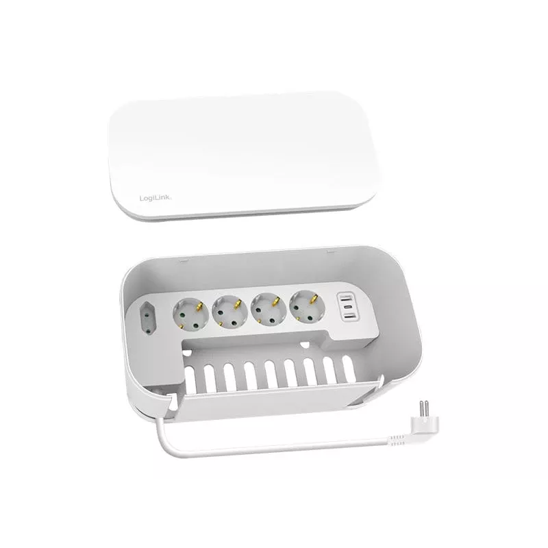Régua de tomadas LogiLink LPS281U 4 tomadas com segurança 2 USB-A 1 USB-C branca