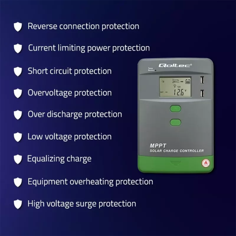 Controlador de carga solar MPPT QOLTEC 53662 com sensor de temperatura