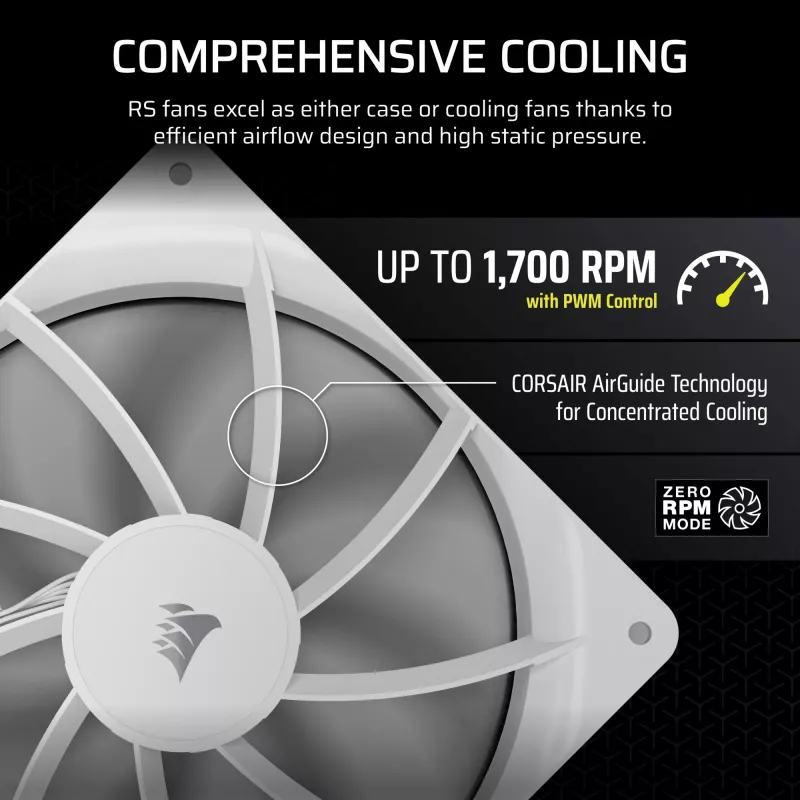 Corsair RS140 PWM ventoinha de caixa, 140 mm, 36 dB, embalagem individual, branca