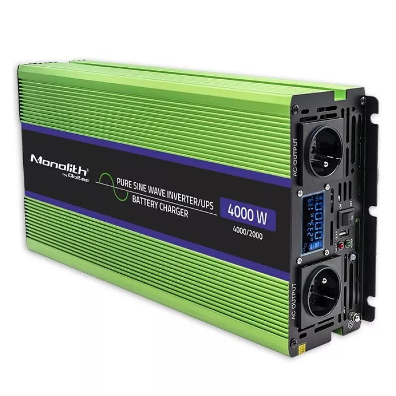 Qoltec Monolith Conversor de tensão | Carregamento de bateria | UPS | 2000W | 4000W | 12V para 230V | Onda sinusoidal pura | LCD preto-verde