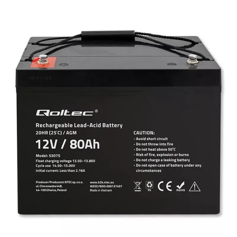 Bateria AGM Qoltec | 12V | 80Ah | 23,5kg | sem manutenção | potente | LongLife | para UPS, autocaravana, barco, forno