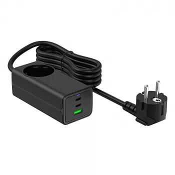 Carregador USB GaN Akyga AK-CH-21 65 W, 2 x USB-C + USB-A, com tomada, 1,5 m, preto