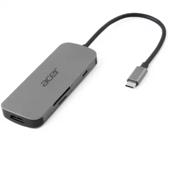 Dongle USB-C 7 em 1 Acer — USB 3.2 Gen 1 Type-C, 3x USB-A, HDMI, SD/MicroSD, 100W PD, prateado