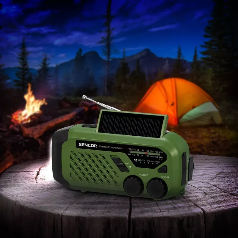 Rádio portátil FM/AM SENCOR SRD1000SCLGR com Bluetooth, carregamento solar/manivela/USB-C, bateria de 2000 mAh, IPX4, luzes LED