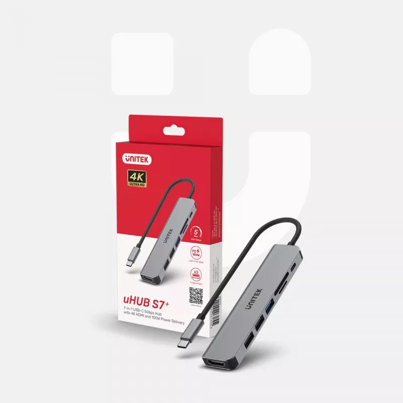 Hub USB-C Unitek 7 em 1 alumínio PD 100W 5 Gbps — adaptador multiporta com Power Delivery