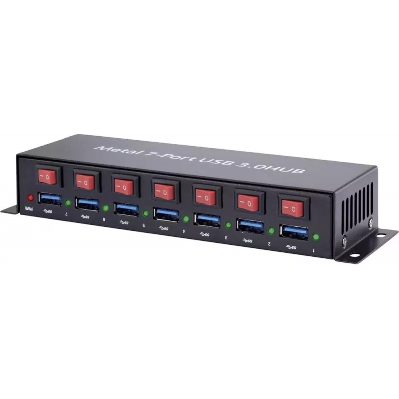 Hub USB Renkforce 1089874 — 7 portas USB 3.0, caixa metálica, montável na parede