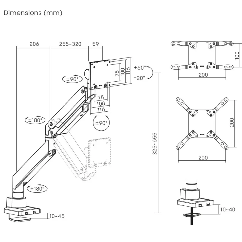 Suporte de monitor de braço duplo Maclean MC-968 com mola a gás 17-57 27 kg carga pesada estável totalmente articulado suporte VESA máx. 200x200