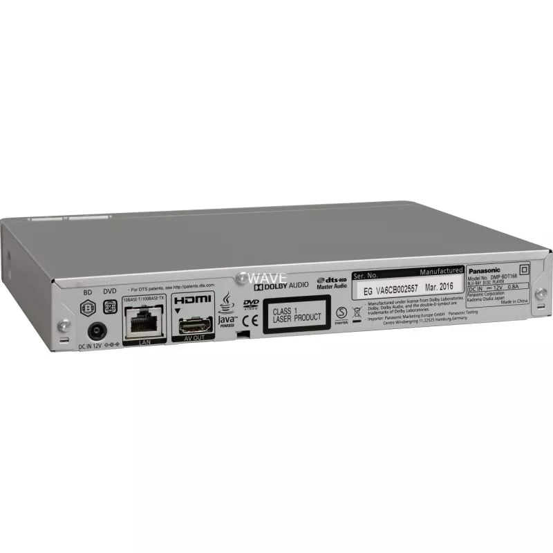 Leitor de Blu-ray Disc Panasonic DMP-BDT168EG DVD-Video, MP3, WMA, JPEG, WAV, XviD, AAC, AVCHD, MKV, CD-DA, FLAC, MPO, BD-MV, ALAC porta USB