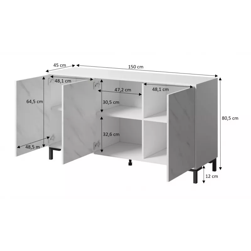 Cómoda MARMO 3D 150x45x80.5 cm branco mate/mármore branco