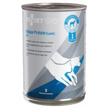 Dieta veterinária húmida de proteína única TROVET Unique Protein UPL Cordeiro 400 g — sabor a cordeiro, 82% humidade, 8,5% proteína, 5% gordura