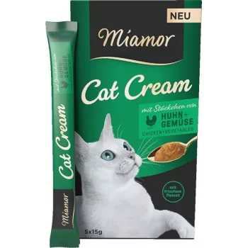 Snack húmido para gatos Miamor Cat Cream frango com legumes, tubos de pasta 5×15 g, sem glúten, sem açúcar