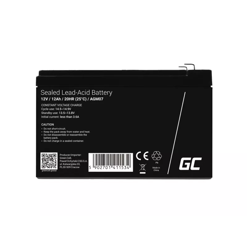 Bateria AGM Green Cell 12V 12Ah – chumbo-ácido selada (VRLA), 151×98×95 mm, 3,3 kg