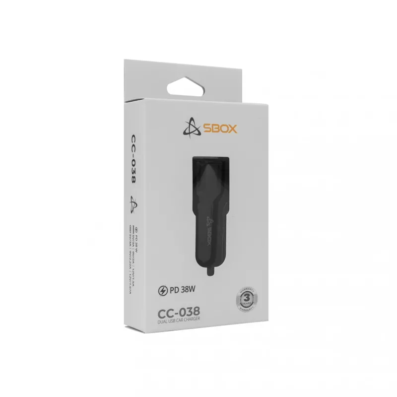 Carregador para automóvel SBOX CC-038 38W preto — fonte de alimentação dual-USB para veículos