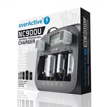 Carregador de pilhas everActive NC-900U Universal DC — carrega AA, AAA, C, D, 9V, até 6 células, preto