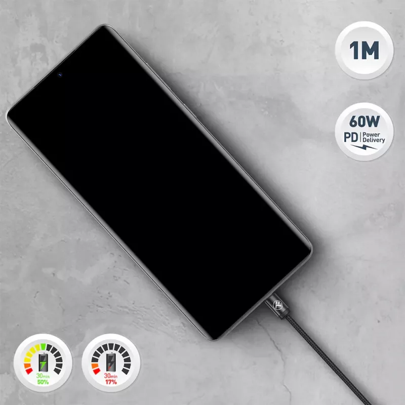 Cabo USB-C Tellur TLL155791, 1 m, 3A, preto
