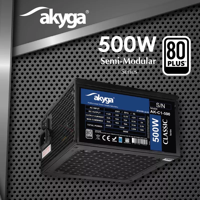 Fonte de alimentação ATX Akyga Classic AK-C1-500 500 W, 80 PLUS, PFC ativo, ventoinha de 120 mm