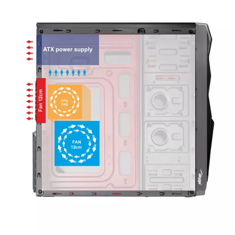 Caixa de PC Midi-Tower Akyga AK939BL, ATX / Micro-ATX / Mini-ITX, 2x USB 2.0, sem fonte de alimentação, preto