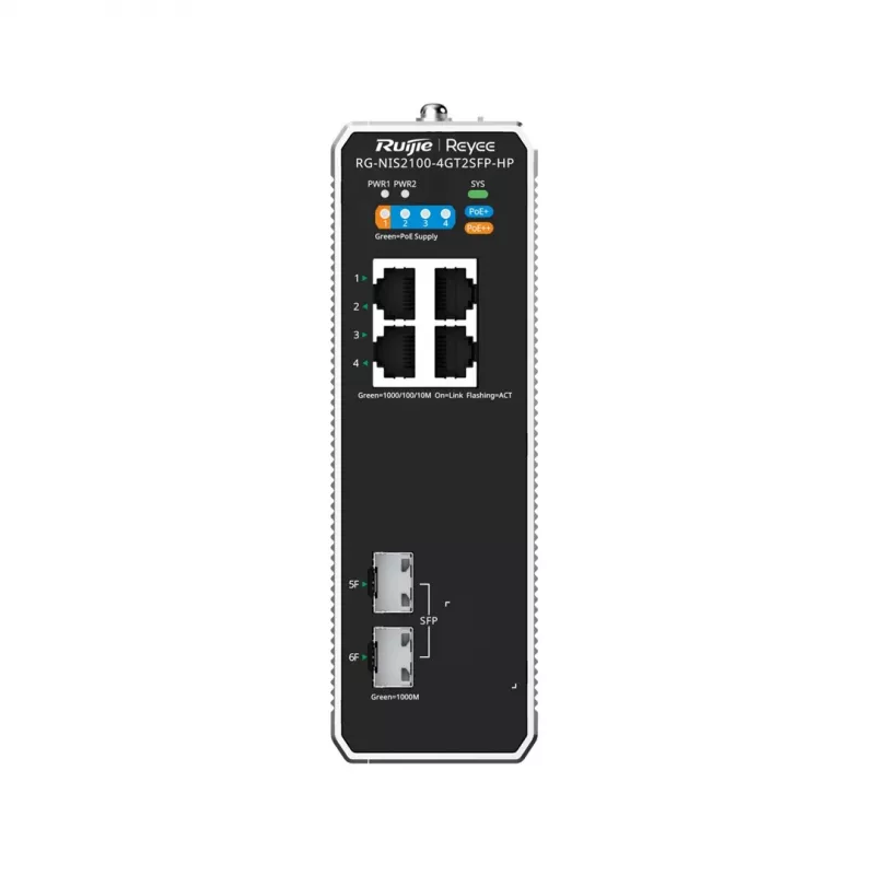 Switch de rede gerido L2 RUIJIE RG-NIS2100-4GT2SFP-HP — 4× Gigabit RJ45, 2× SFP, PoE++ (180 W), montagem em rack/parede/DIN