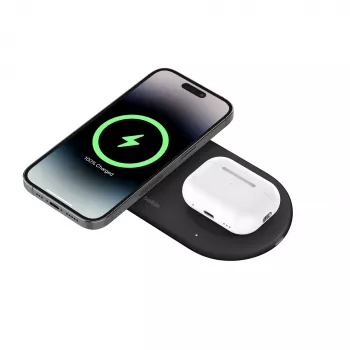 Belkin WIZ021VFBK – Estação de carregamento sem fios 2 em 1 com tecnologia Qi2 15 W, preto