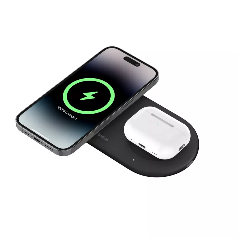 Belkin WIZ021VFBK – Estação de carregamento sem fios 2 em 1 com tecnologia Qi2 15 W, preto