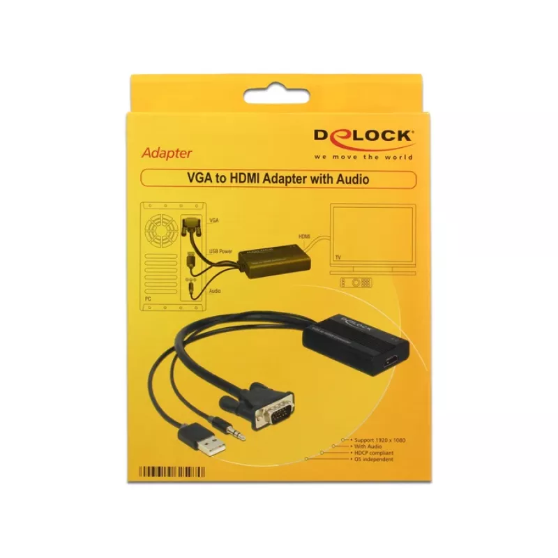Cabo adaptador de vídeo DeLOCK 62597 0,25 m HDMI Type-A VGA D-Sub 3,5 mm USB Type-A preto