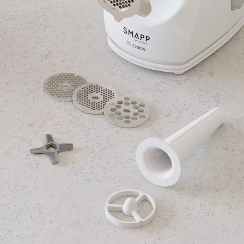 Picadora de carne elétrica SMAPP 490.8 — 2200 W, 1 velocidade, 3 discos perfurados (Ø 2,7–8 mm), branco