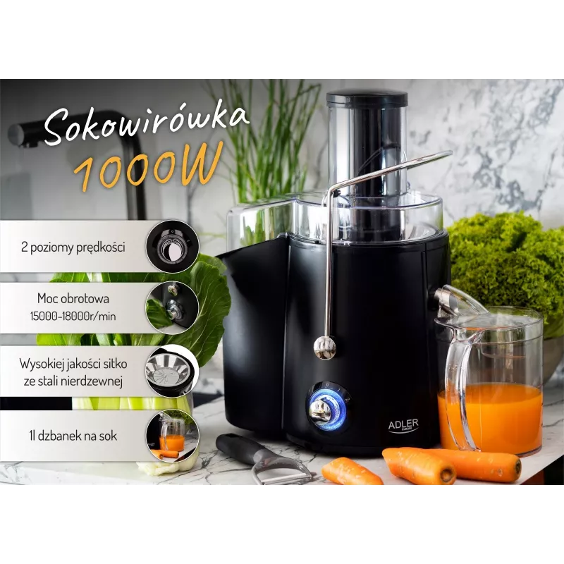 Centrifugadora Adler AD 4127 — 1000 W, preto, depósito de sumo, 3,9 kg