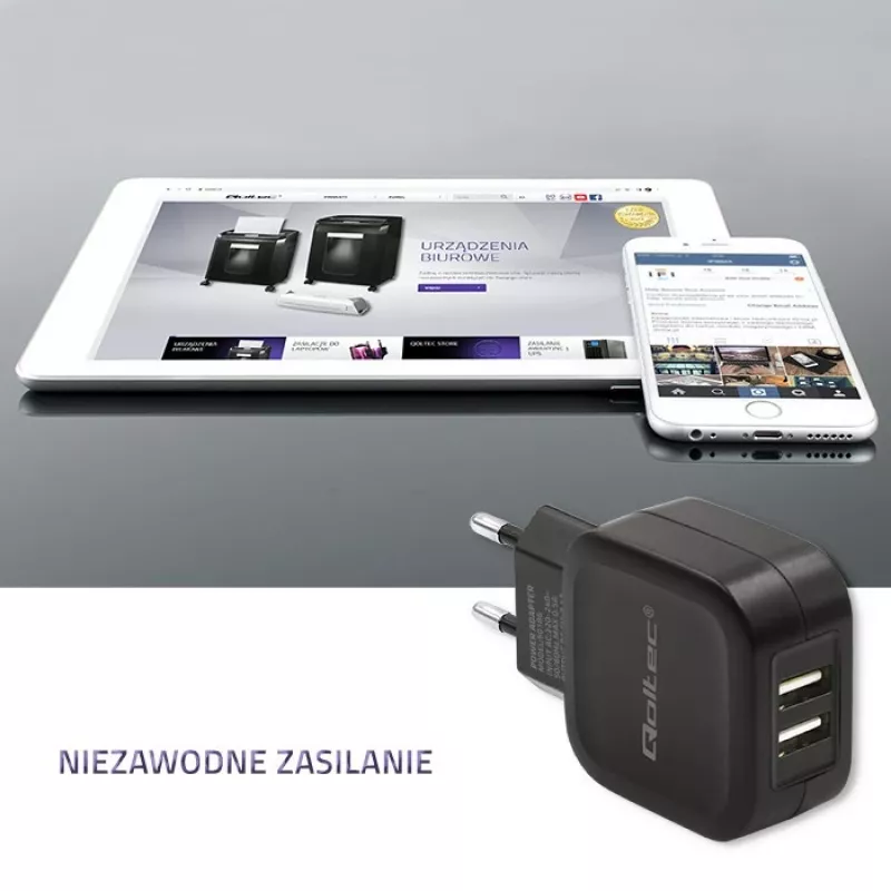 Carregador de parede AC QOLTEC 50186 para smartphone e tablet, 5 V 3.4 A, 17 W, 2× USB, preto