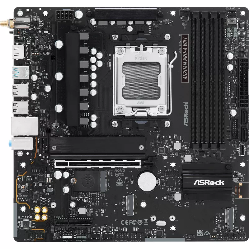 Motherboard ASRock A620AM Pro-A WiFi AM5 mATX — AMD A620, Socket AM5, DDR5 até 256 GB, Wi‑Fi 6E, 2.5Gb LAN, HDMI 2.1