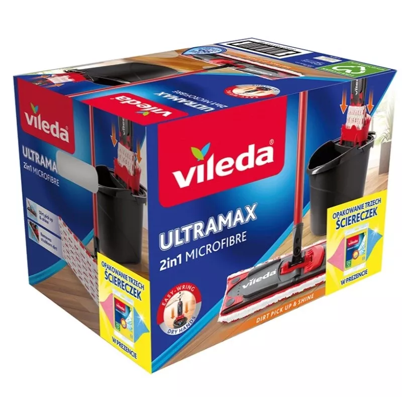 Esfregona VILEDA Ultramax BOX 177453 com cabeça de microfibra recarregável, balde com espremedor, 3 panos laváveis, preto