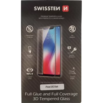 Película de proteção de ecrã 3D vidro temperado cola total SWISSTEN para iPhone X/XS — preto, vidro de cobertura total