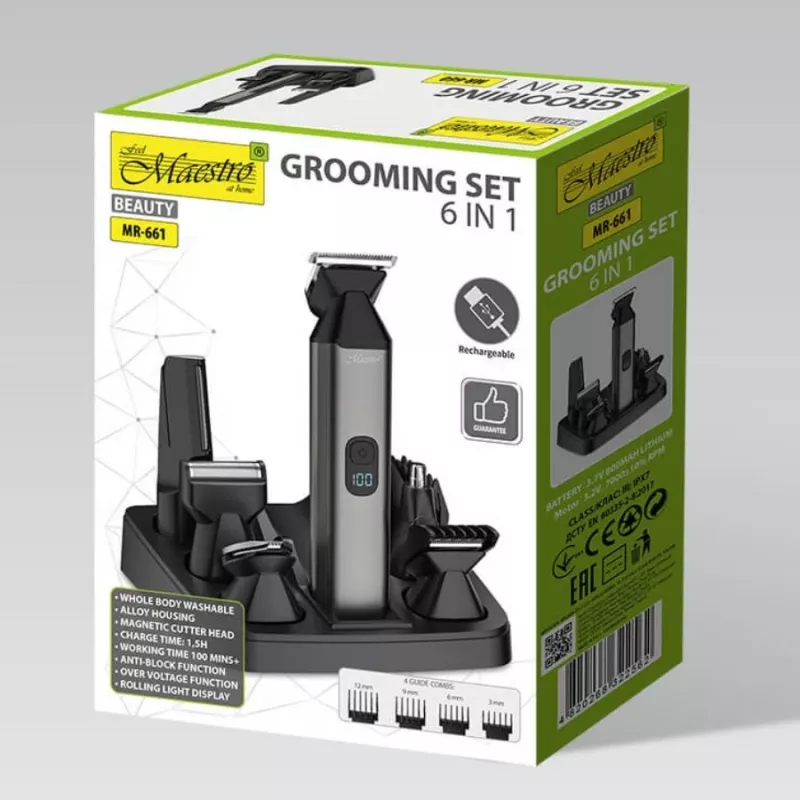 Conjunto de corte de cabelo Maestro MR-661 6-em-1 – preto, conjunto de cuidados multifunções