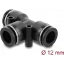 Conector pneumático em T DELOCK 12 mm, rosca fêmea, corpo em metal/plástico, 58 mm, dois orifícios de fixação