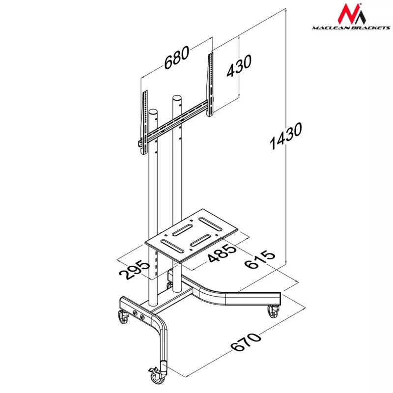 Maclean MC-739 carrinho profissional para TV com rodas, 32-65 polegadas (165,1 cm), máx. 40 kg, VESA até 400x600, preto