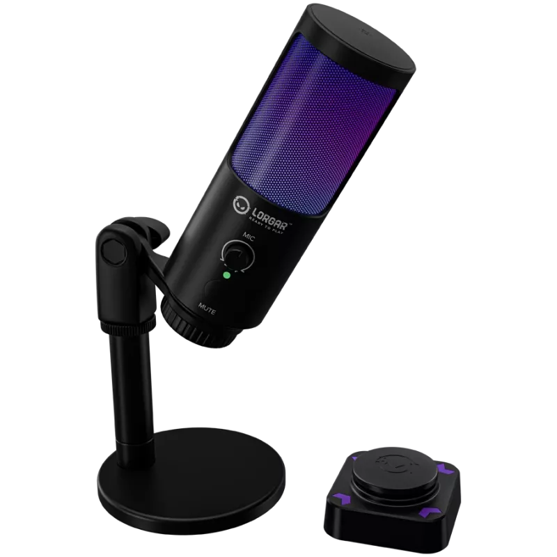 LORGAR SMP40, microfone RGB com botão de silenciamento externo e suporte metálico, preto
