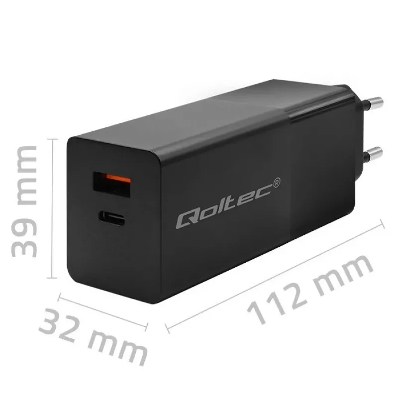 Carregador Qoltec 52382 GaN POWER PRO | 1xUSB Type C | 1xUSB A | 100W | 5-20V | 1.5-5A | PD | preto