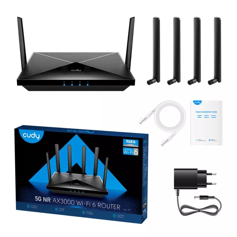 Router WiFi de mesa Cudy P5 — Dualband Wi‑Fi 6, 5G Sub6, Dual NanoSIM, Gigabit Ethernet, 6 antenas removíveis, 256 MB RAM