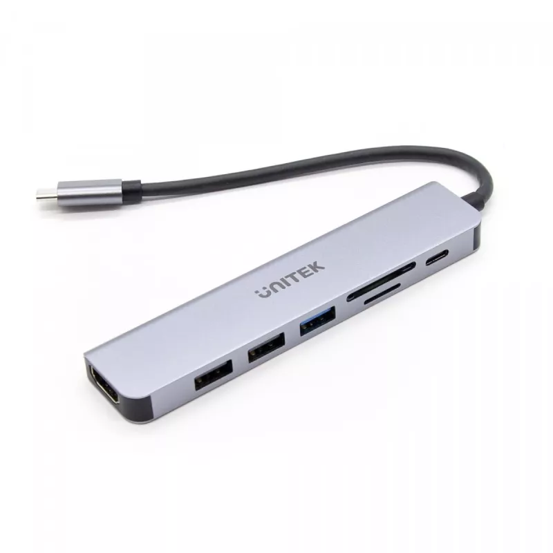 Hub USB-C Unitek 7 em 1 alumínio PD 100W 5 Gbps — adaptador multiporta com Power Delivery