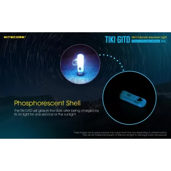Lanterna de chaveiro Nitecore TIKI GITD BLUE — cinzento, recarregável por USB, 1 lm, 55 mm, 12 g, IP66, resistente a impactos