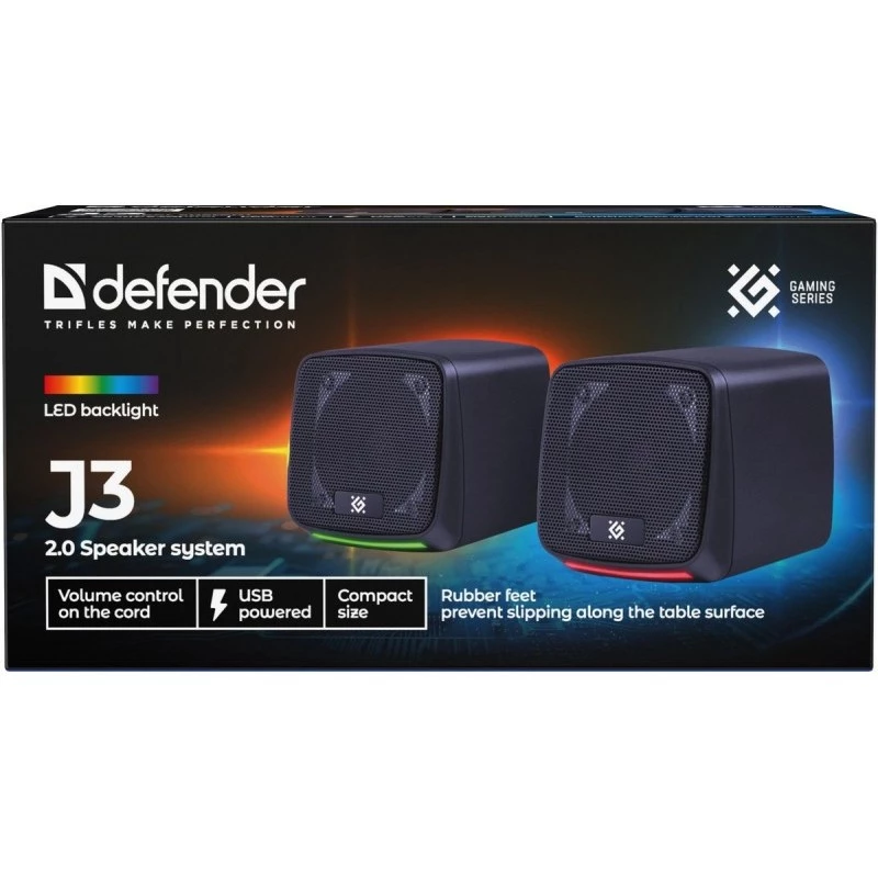 Defender J3 2.0 colunas para PC, 6 W, LED, alimentação USB, AUX, 90–20000 Hz, pretas