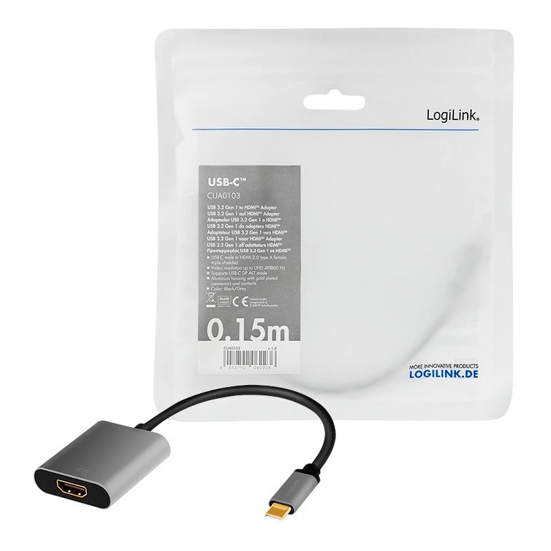 LogiLink CUA0103 cabo USB 3.2 Gen1 Type-C para HDMI-A 0,15 m preto cinzento